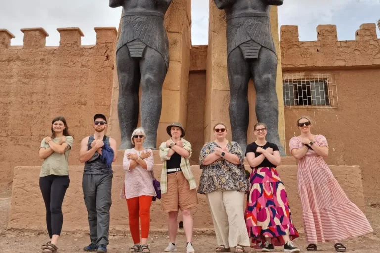 Travelers visiting Atlas Studios in Ouarzazate during a Morocco desert tour , tour de 2 días desde Ouarzazate , 2 Days Tour from Ouarzazate